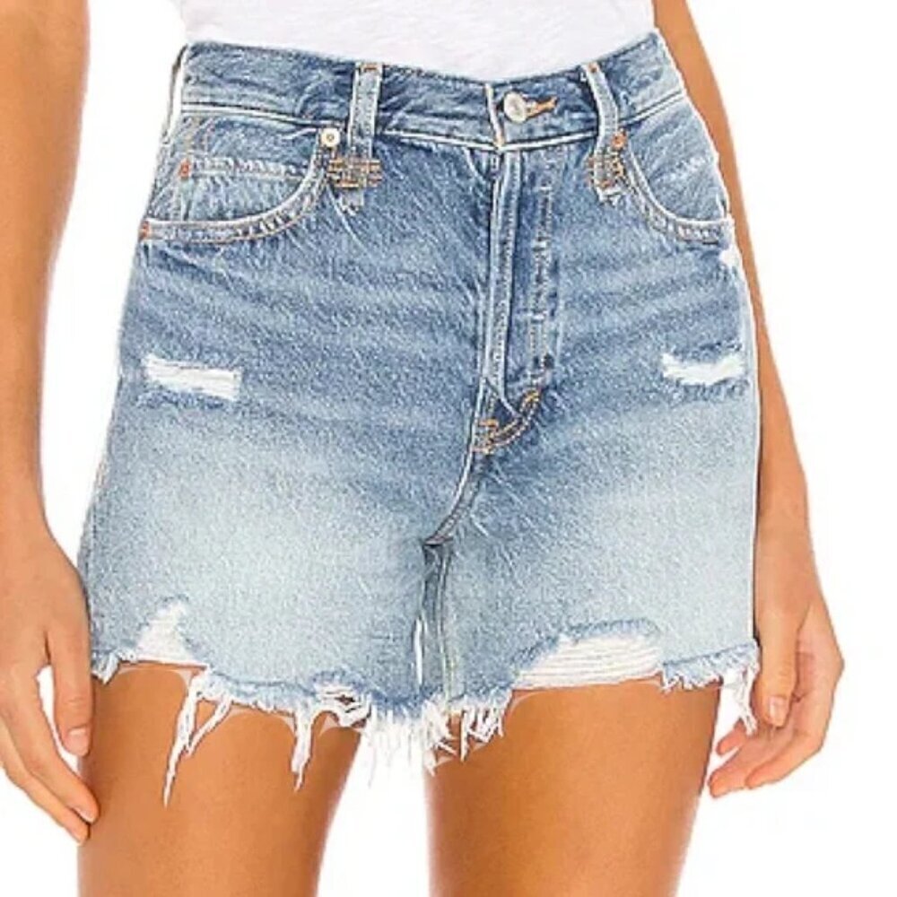 Free People We the Free Shorts Size 25 Blue Makai Distressed Fray Hem Raw Denim
